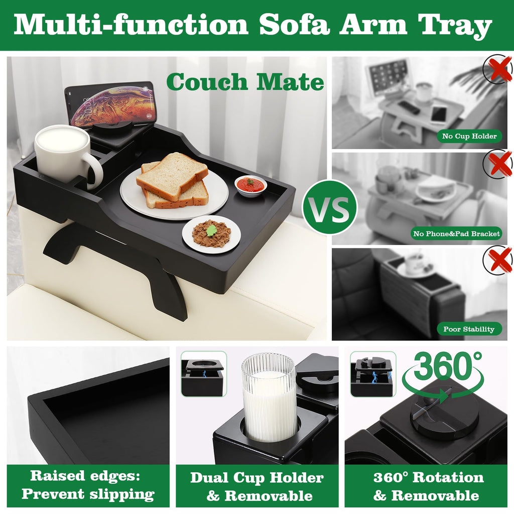 GHKINMAL Couch Cup Holder Tray, 15.4"x9.9" Large 4 in 1 Couch Arm Tray with 360°Rotated Phone Holder, Non-Slip Clip on Side Table for Drinks/Remote/Snacks, Ideal Gift for Husband, Wife, Parents