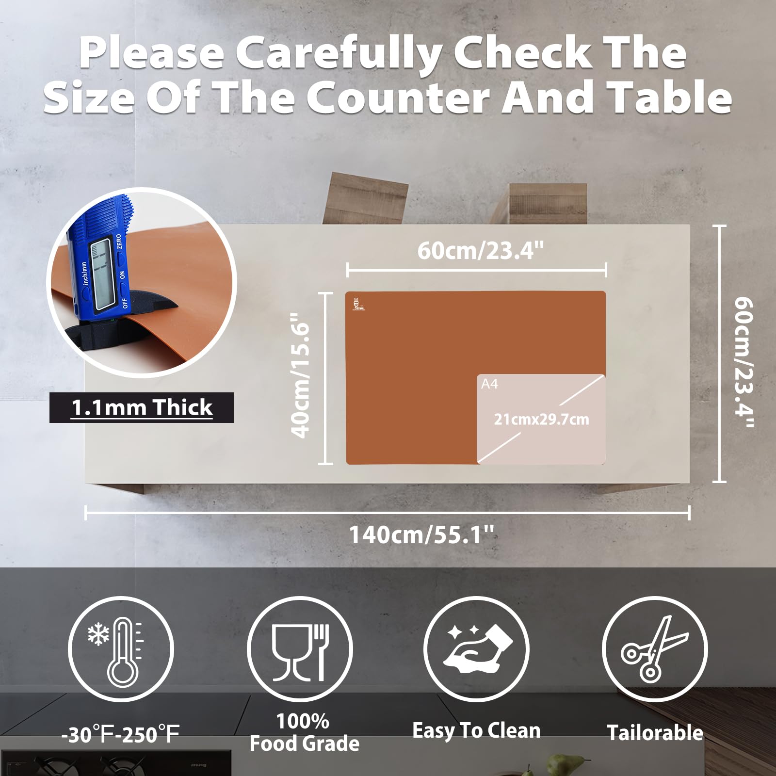 Thick Silicone Counter Mat Large 23.4"by15.6", Heat Resistant Mat for Kitchen Table/Countertop Protector/Non Stick Pastry Baking Placemats, Silicone Pad for Crafts Kids, Super Kitchen Black