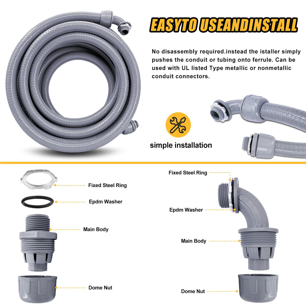 Liquid-Tight Conduit, 1-1/4 inch 25 Foot Flexible Non Metallic Electrical Conduit and Connector Kit,With 4 Straight and 2 Angle Fittings