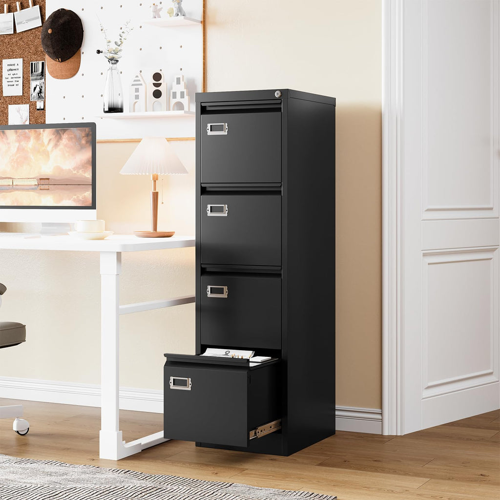 RAVIGIN 4 Drawer File Cabinet with Lock,Vertical Filing Cabinet for Home Office,Metal File Cabinets with Lock,Storage Files for A4/ Legal/Letter, Require Assembly, (Black)