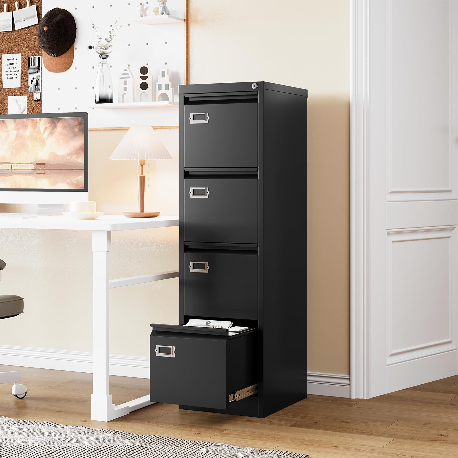 RAVIGIN 4 Drawer File Cabinet with Lock,Vertical Filing Cabinet for Home Office,Metal File Cabinets with Lock,Storage Files for A4/ Legal/Letter, Require Assembly, (Black)