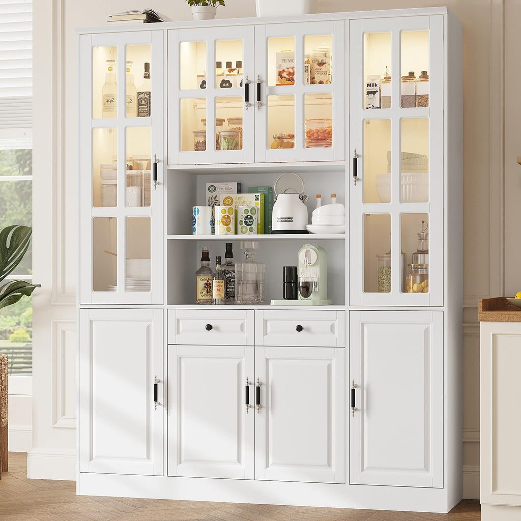 MEISSALIVVE Kitchen Pantry Storage Cabinet with LED Lights, 78.7" Tall with Glass Doors & Drawers, Freestanding Utility Cabinet, Black (31.5" W x 15.7" D)