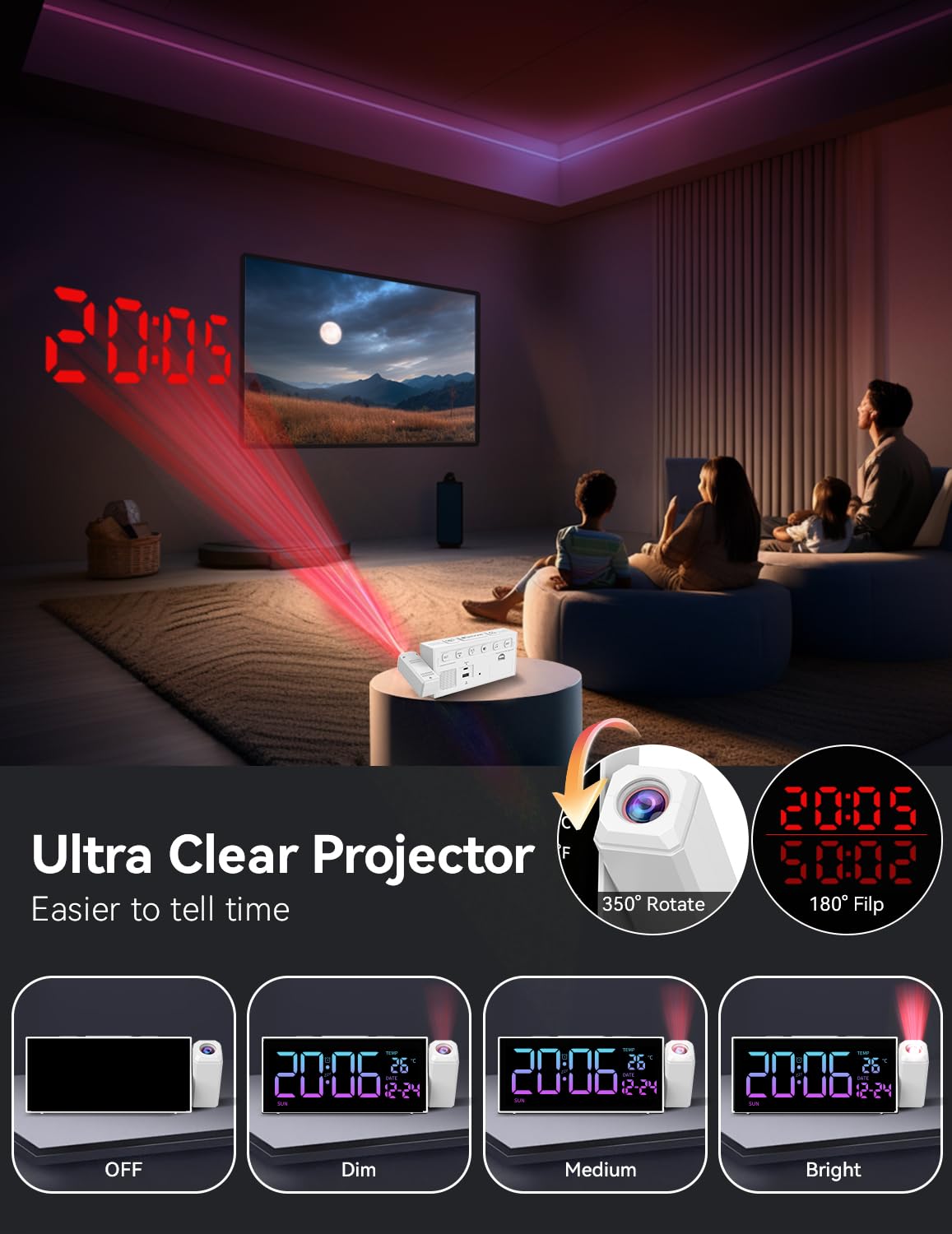 Netzu Projection Clock for Bedroom Ceiling, Alarm Clocks with 180° Rotatable Projector, Date Temperature and Weekday, Manual DST, 5 Brightness, 10 Ringtones, 4 Volumes and Snooze (Black)