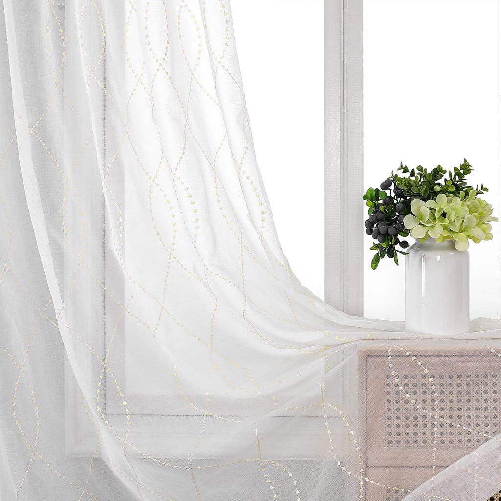 VISIONTEX Sheer Curtains 63 Inches Long 2 Panels Set, Beige and Ivory Moroccan Embroidery Texture Geometric Rod Pocket White Voile Tulle Semi Window Treatment Pair for Bedroom, W54 x L63