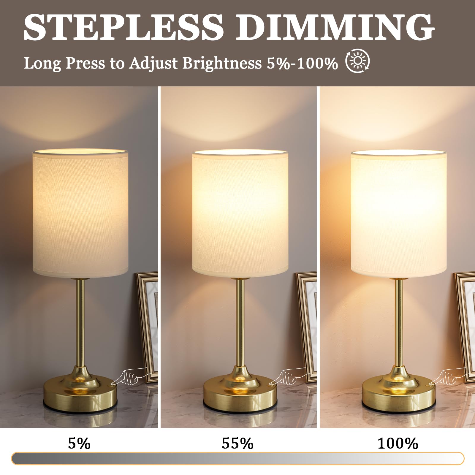 Touch Control Cordlss Table Lamp, USB-C Rechargeable Lamp with Stepless Dimming, 4000mAh Battery Operated Bedside Lamp for Bedroom, Living Room, Night Light & Emergency Lighting, Black, 1 Pack