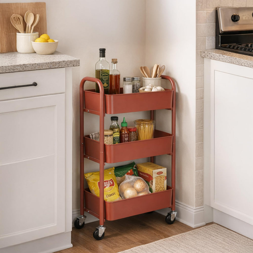 SunnyPoint 3-Tier Delicate Compact Rolling Metal Storage Organizer - Mobile Utility Cart Kitchen/Under Desk Cart with Caster Wheels - Army (15.35" X 10.24" X 26.8"H)