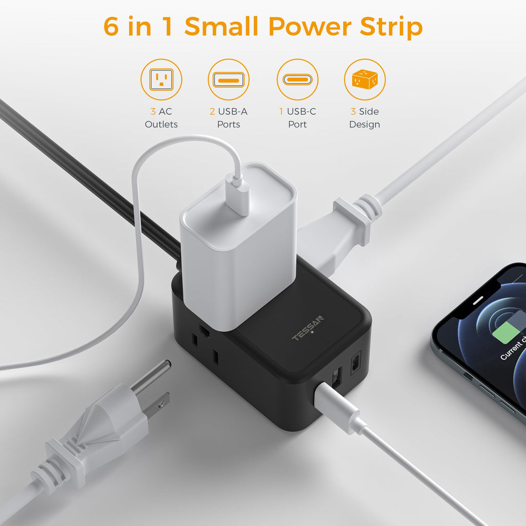 TESSAN Small Flat Plug Power Strip, Ultra Thin Extension Cord 5 ft, 3 AC Outlets with 3 USB Ports (1 USB C), Multiple Wall Outlet Extender for Cruise Travel Office School Dorm Room Essentials, Black