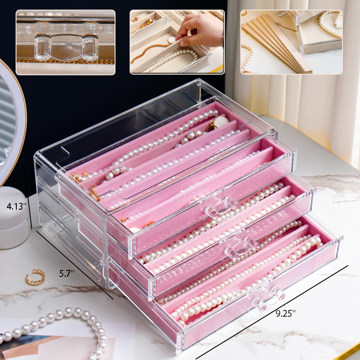 YUFONG Necklace Holder Organizer, Dustproof Necklace Box Velvet Necklace Organizer Box with Lid Clear Acrylic Dustproof Stackable Jewelry Displays for Necklaces Chain Display (Beige, 3 Drawer)