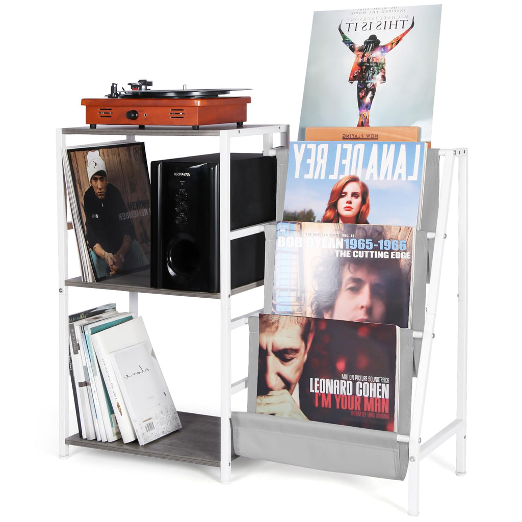 HYCFYJR Record Player Stand, 3-Tier Vinyl Record Storage, Turntable Stand with Now Playing Holder, Vinyl Display for Living Room, Grey & White