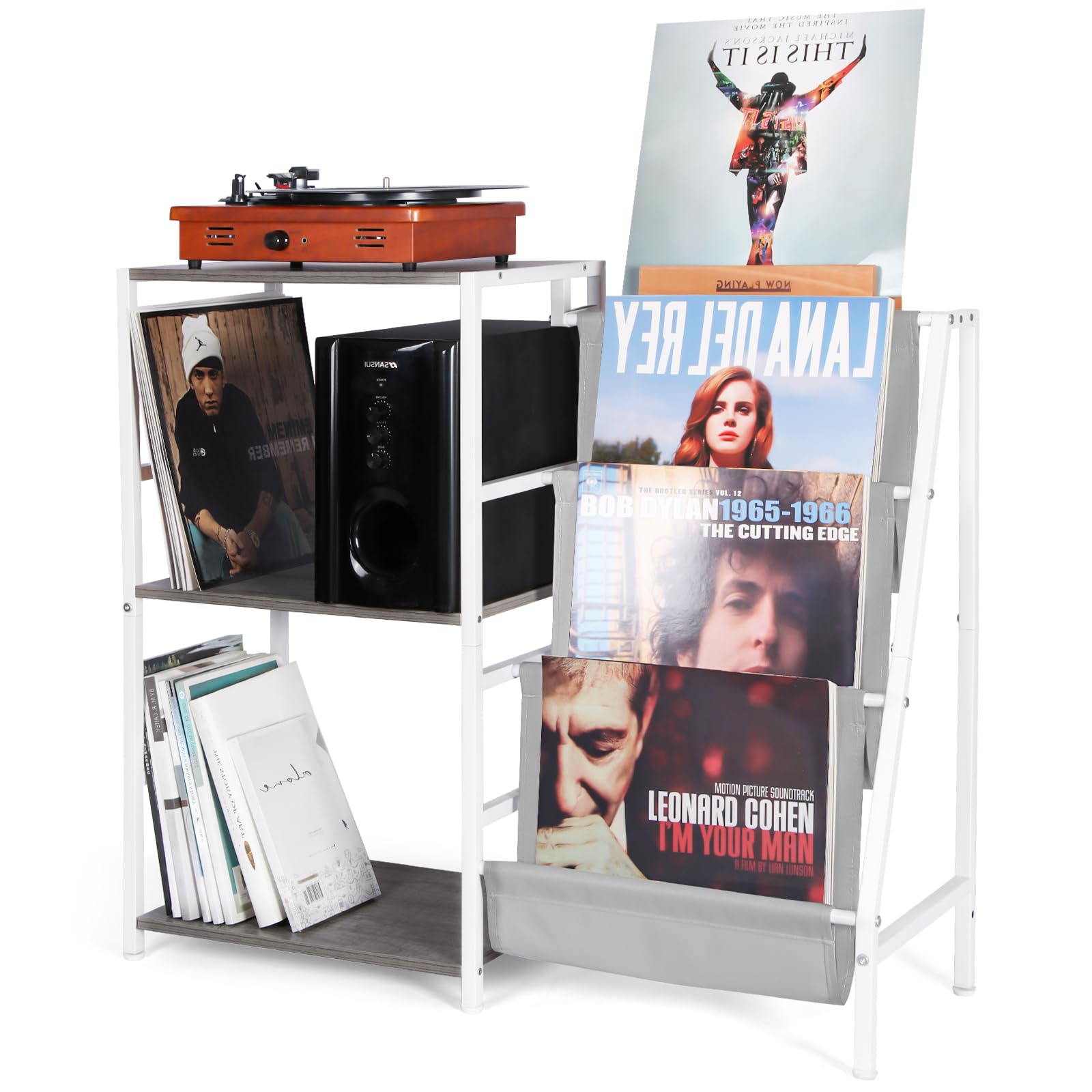 HYCFYJR Record Player Stand, 3-Tier Vinyl Record Storage, Turntable Stand with Now Playing Holder, Vinyl Display for Living Room, Grey & White