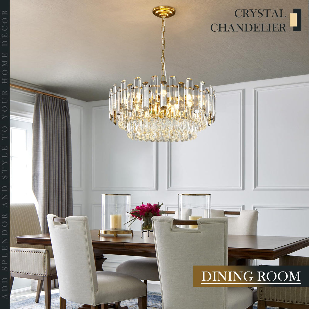 23.6" Modern Crystal Chandelier with Grey Crystal Gold 3-Tier Luxury Pendant Light 12-Light Ceiling Pendant Lighting for Dinning Room Living Room Foyer