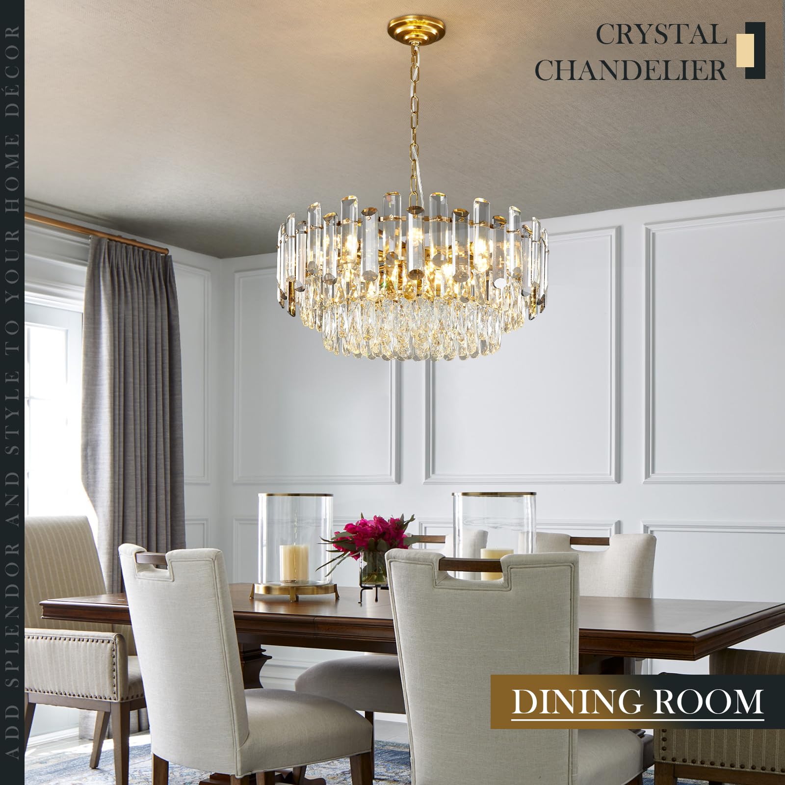 23.6" Modern Crystal Chandelier with Grey Crystal Gold 3-Tier Luxury Pendant Light 12-Light Ceiling Pendant Lighting for Dinning Room Living Room Foyer