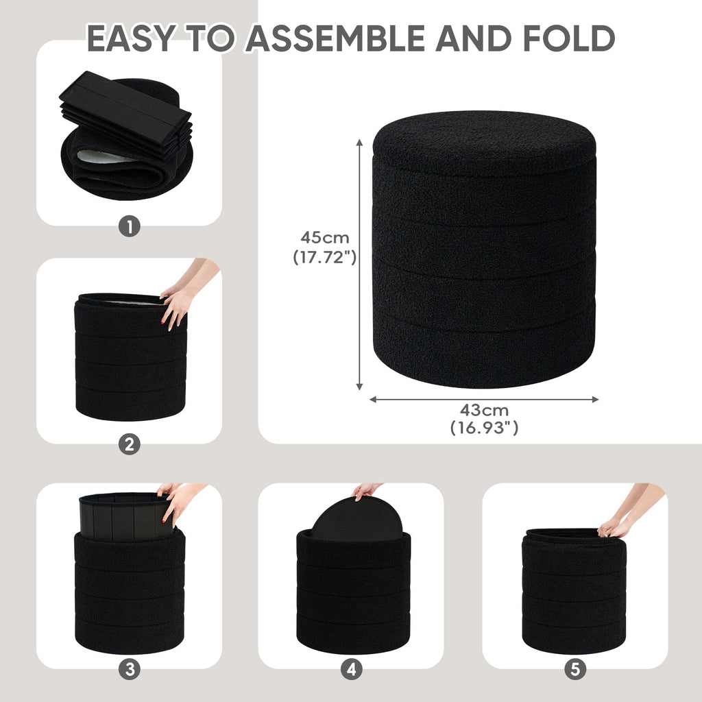PINPLUS Round Storage Ottoman Foot Rest Stool with Tray Velvet Sherpa Folding Storage Ottoman,Boucle Foot Rest for Living Room, Bedroom, Dorm（Beige）