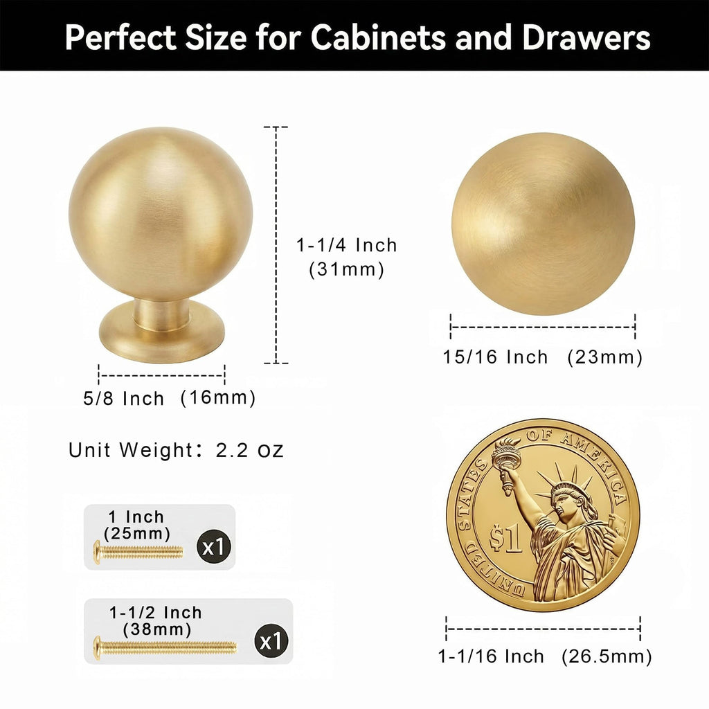 QOGRISUN 10-Pack Small Solid Brass Cabinet Knobs, Round Ball Gold Knobs for Dresser Drawer, 0.9-Inch Diameter, Mini Sphere Cabinet Pulls, Brushed Brass Finish