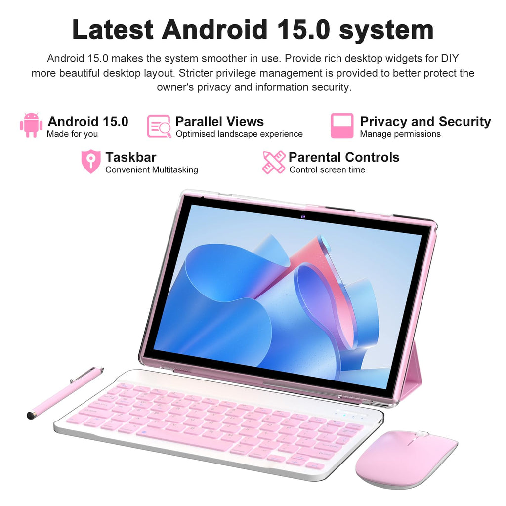 Android 15 | Tabalet with Keyboard | Tablet 10 inch | 2 in 1 Tablet | 8GB+32GB+2TB Expand | 1280 * 800 IPS Touch Screen Computer | 5G WiFi 6, L1 | Long Battery Life Tablet （Black）