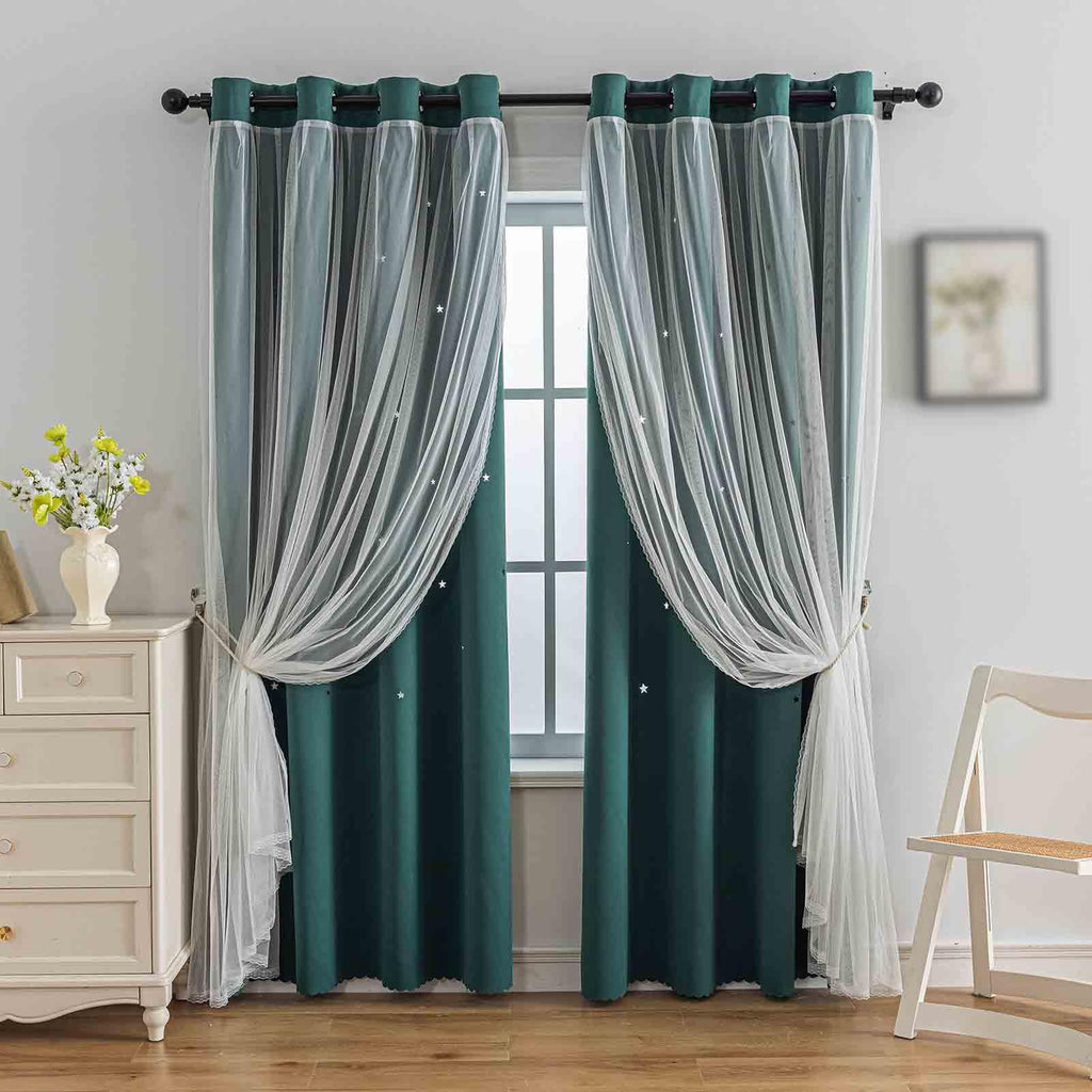 Anytime Star Cut-Out Blackout Curtains for Bedroom 2 Panels,2-Layers Mix Design of Fabric & Tulle,Pretty Pure Color Window Curtain for Kids Room(W35 x L45,LPink)