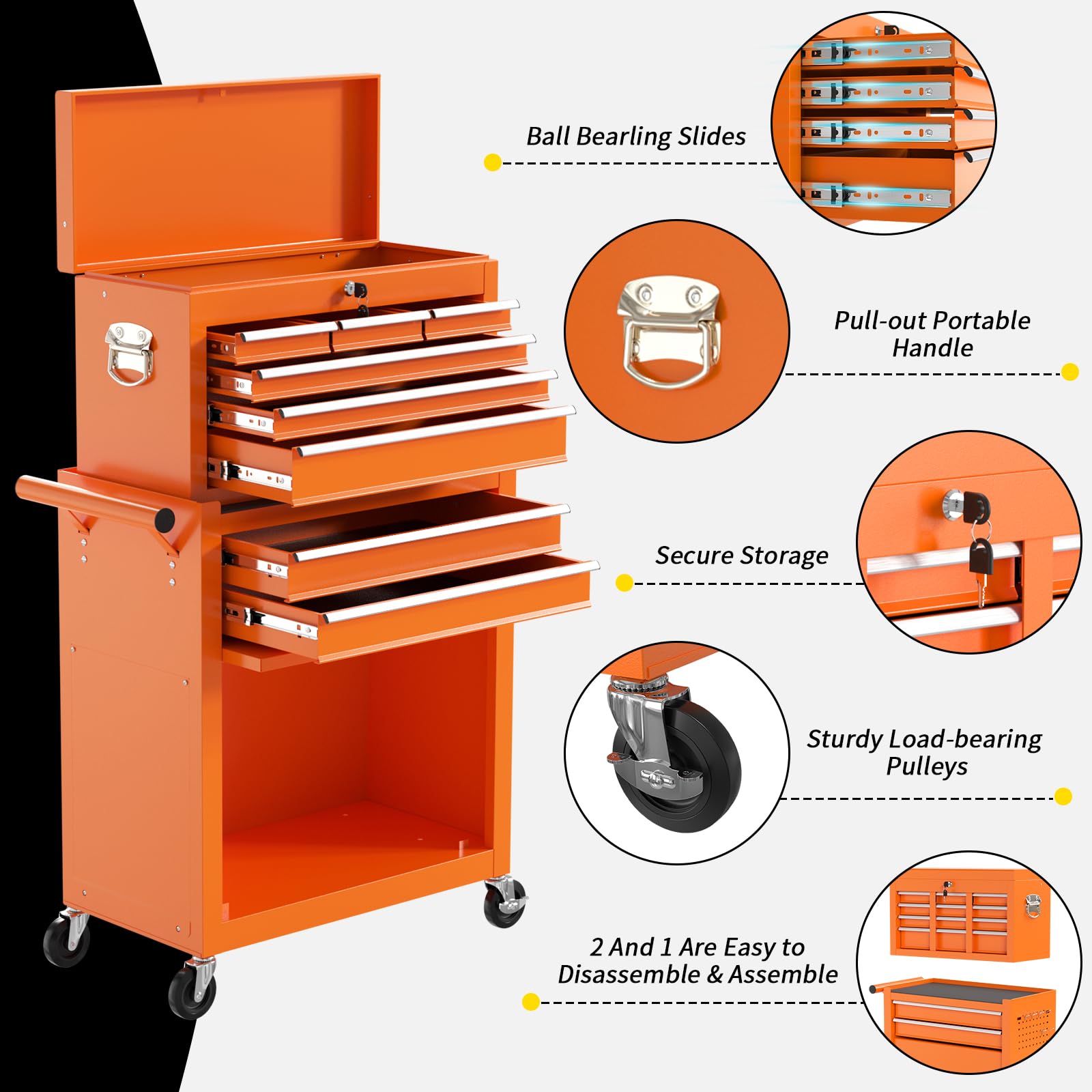 On Shine 8 Drawer Rolling Tool Chest, Large Capacity Rolling Tool Box with Wheels, Locking Mechanical Tool Chest, Portable Tool Box with Sliding Drawers for Garage Workshop and Tool Room (Black)