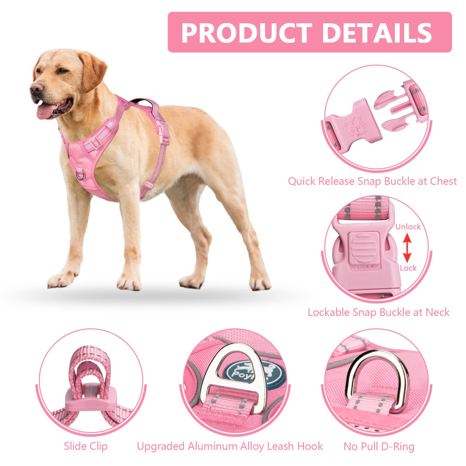 PoyPet Dog Harness No Pull, Reflective Vest Harness with Front & Back 2 Clips and Easy Control Handle for Small Medium Large Dog (XS, Black)