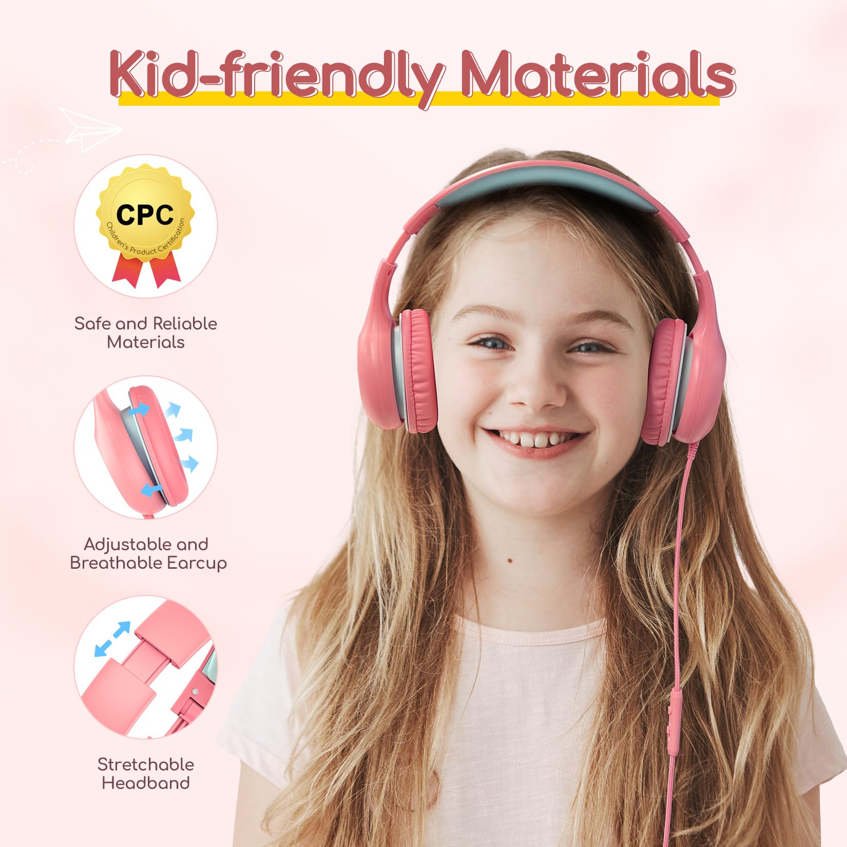 EarFun K1 Kids Headphones Wired with Microphone, 85/94dB Volume Limit Headphones for Kids, Portable Wired Headphone with Shareport, Stereo Sound Foldable Headset for School/Tablet/iPad, Black Red