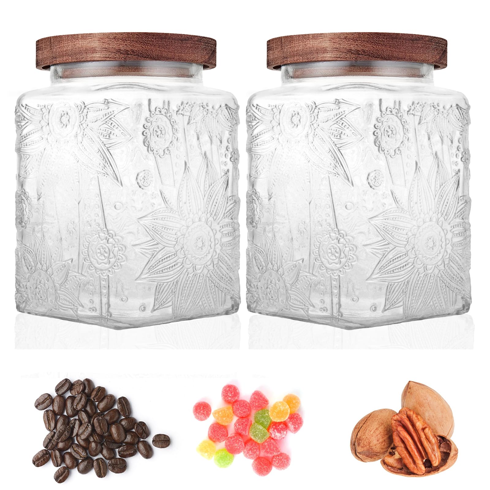 Custde Glass Storage Jars With Airtight Lid, 23.7oz Container For Kitchen Counter with Wooden Lid, brown sugar, candy, coffee, cookie, salt, tea, cute Jar (35oz Large Begonia Flowers)