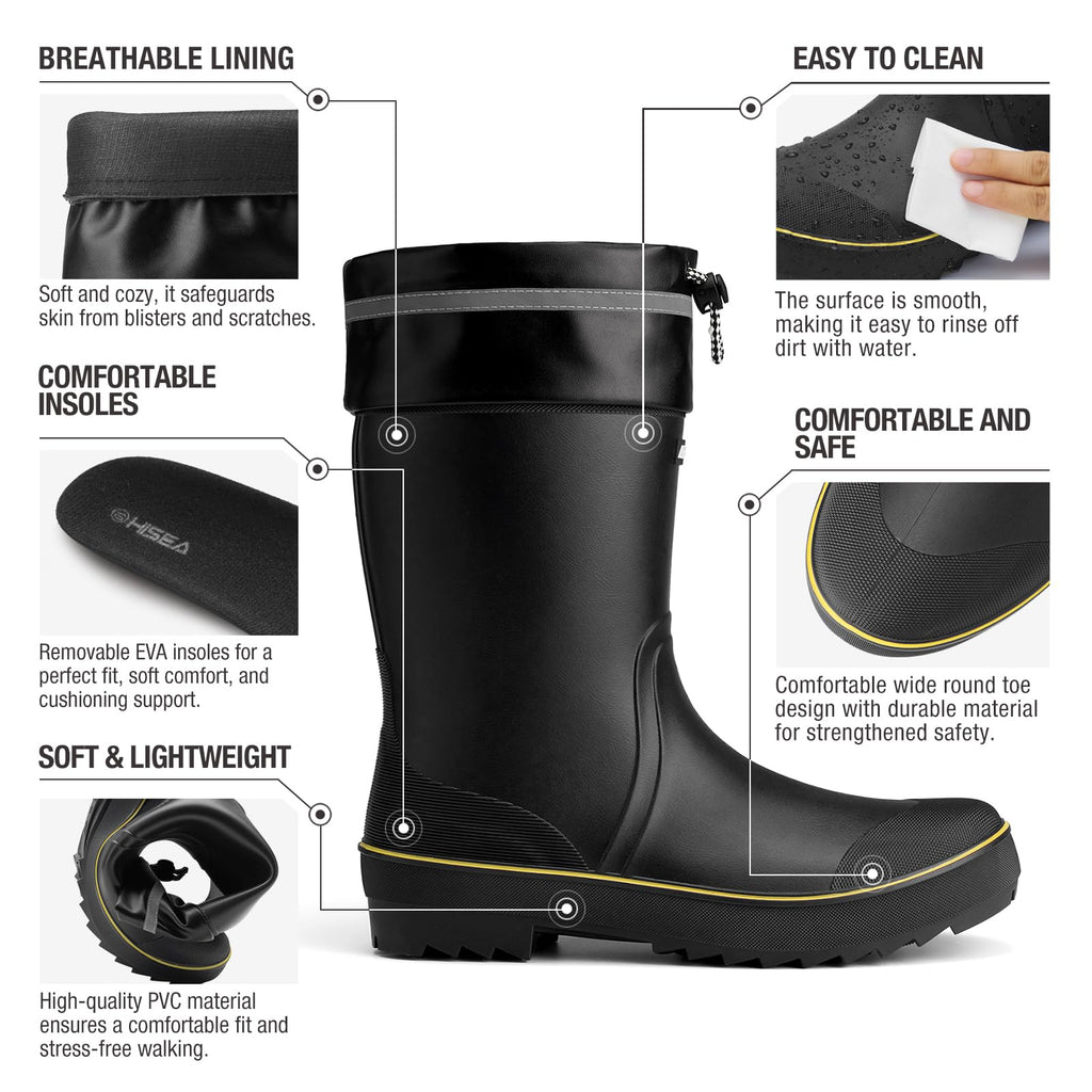 HISEA Men's Rain Boots Waterproof PVC Rubber Mud Boots, Lightweight Comfort Mid-Calf Work Boots, Garden Shoes for Fishing, Farming, Walking Dogs