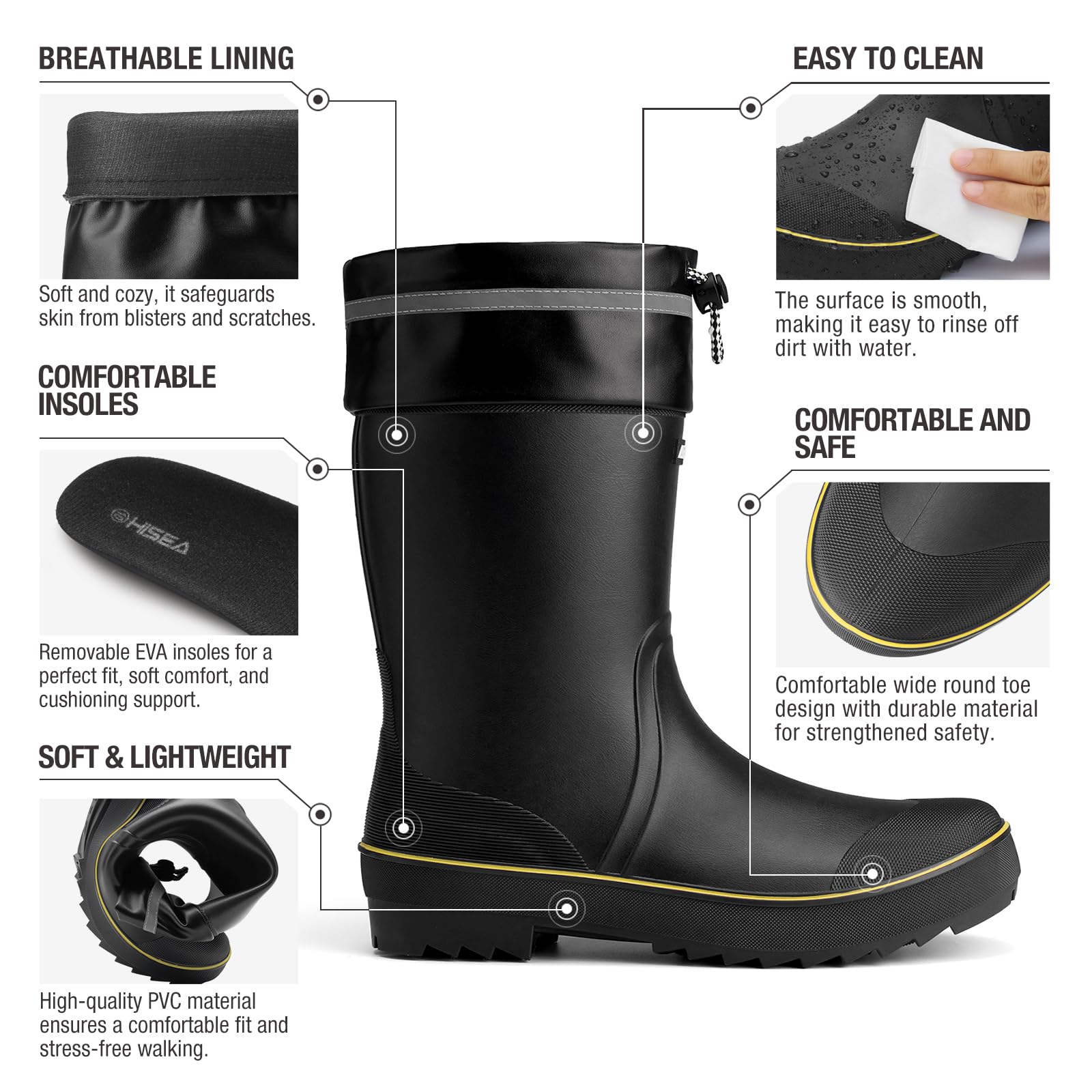 HISEA Men's Rain Boots Waterproof PVC Rubber Mud Boots, Lightweight Comfort Mid-Calf Work Boots, Garden Shoes for Fishing, Farming, Walking Dogs
