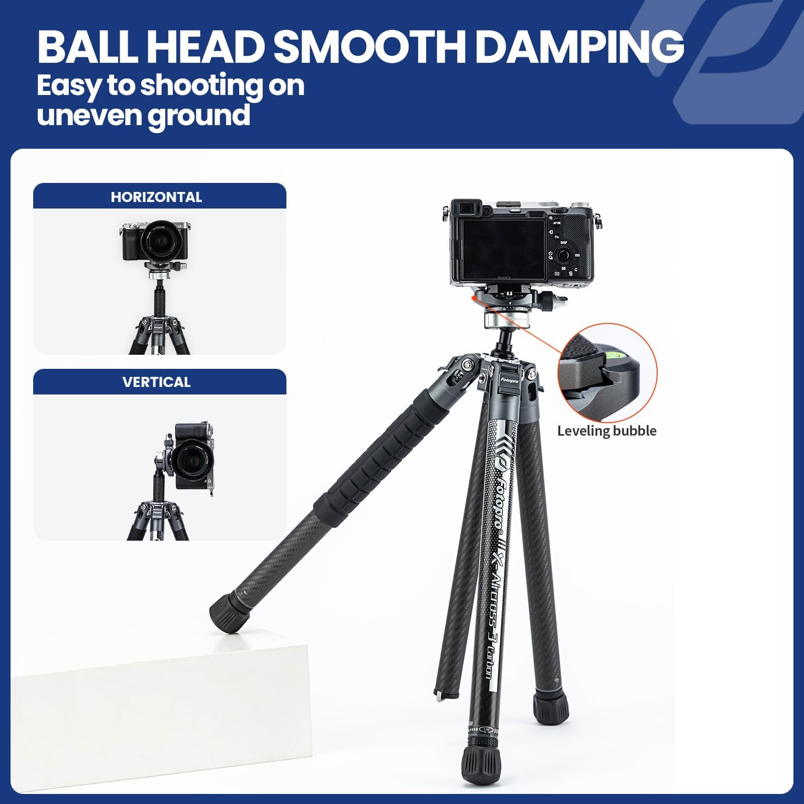 Fotopro 60" Camera Tripod, Carbon Fiber Travel Tripod with 360° Ball Head, Ultralight 2.1lbs, 22lbs Load, Quick Lock, Folds to 14.3" Carry-On, for DSLR Mirrorless Cameras, X-Aircross 3 Blue