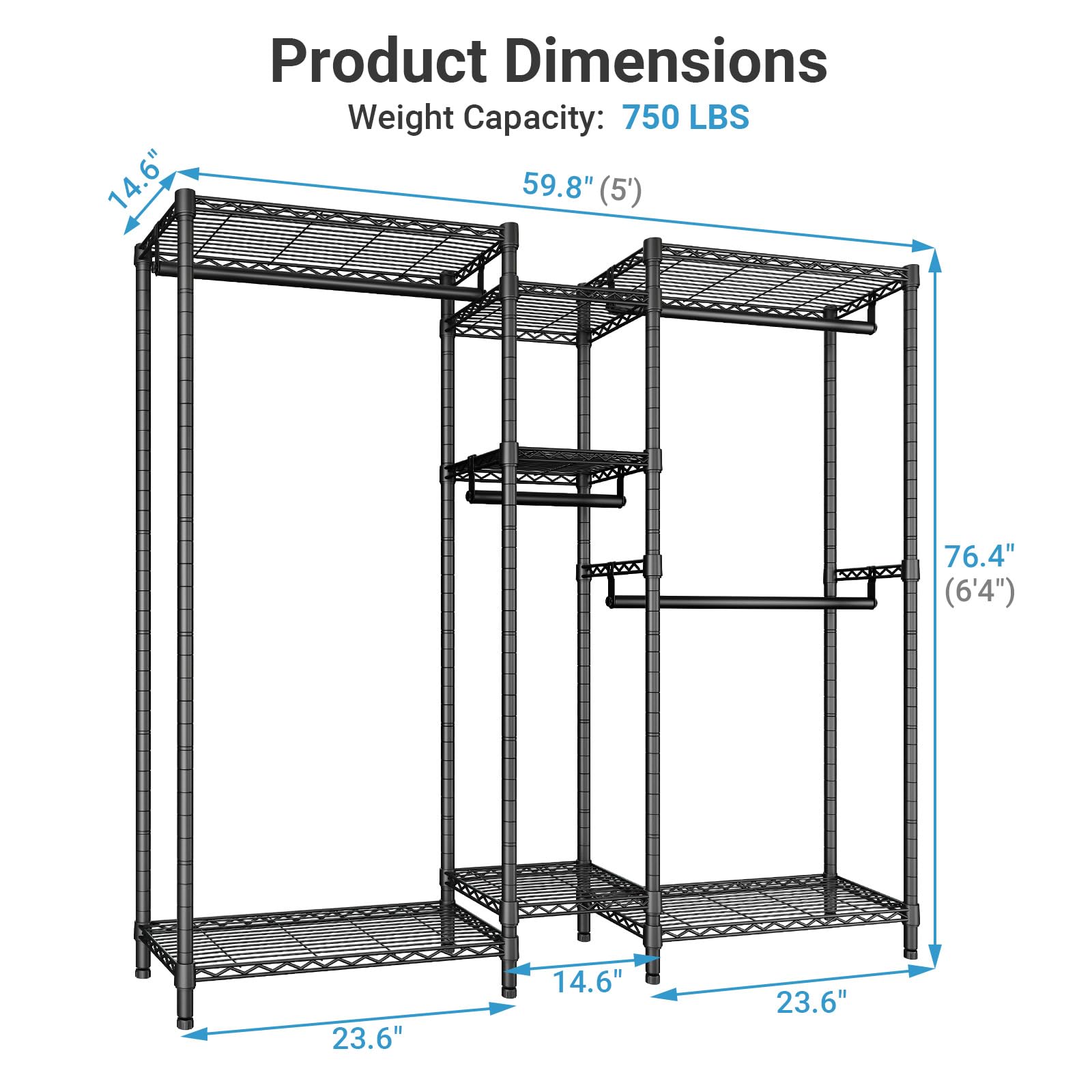 VIPEK Classic V6 Heavy Duty Clothes Rack, 7-Tier Garment Rack with Adjustable Shelves, Portable Closet Organizer with 4 Hanging Rods, Space-Saving, 850lbs Capacity, 68.9" L x 15.7" W x 76.4" H, Black