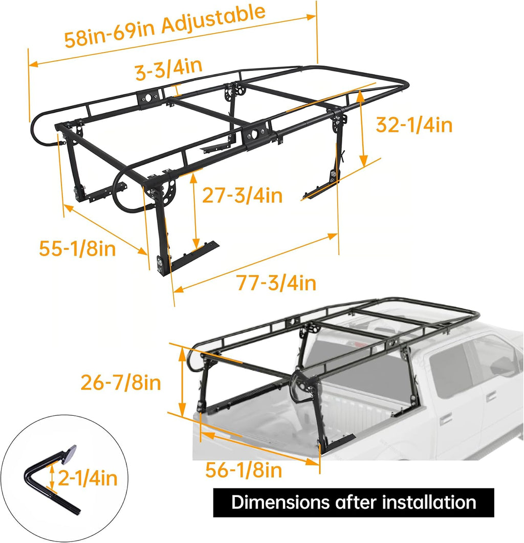 ECOTRIC 1000 LBS Adjustable 58"-69" Universal Truck Bed Rack Contractor Ladder Pickup Lumber Utility Kayak Full Size Rack 60"(W) x 138"(L) x 34"(H) (Notice:You Will Receive Two Packages for This Item)