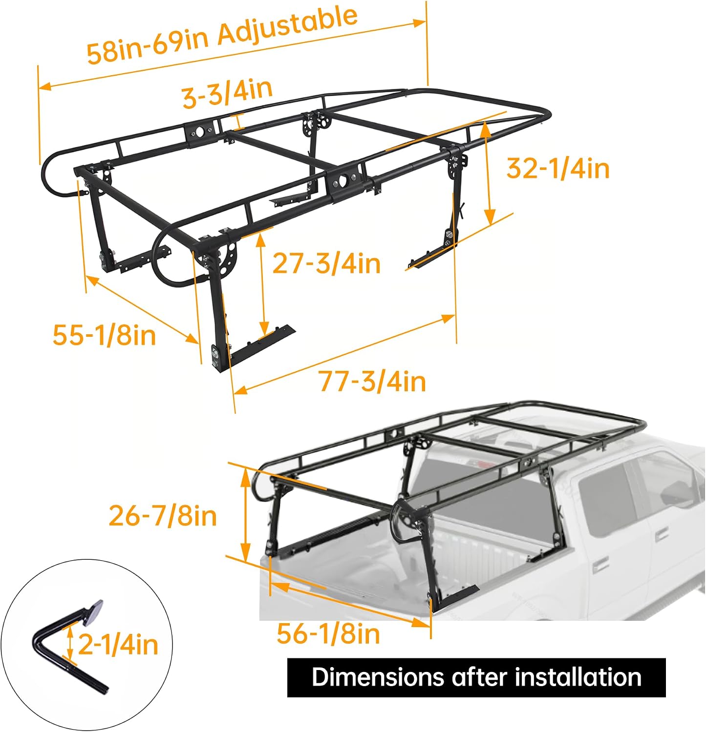 ECOTRIC 1000 LBS Adjustable 58"-69" Universal Truck Bed Rack Contractor Ladder Pickup Lumber Utility Kayak Full Size Rack 60"(W) x 138"(L) x 34"(H) (Notice:You Will Receive Two Packages for This Item)
