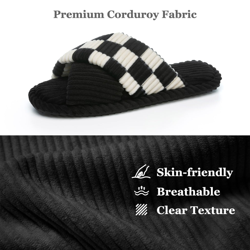 GOEWY Slippers for Women Memory Foam House Bedroom Corduroy Crossbands Open Toe Slides Sandals Shoes Comfy Trendy Gift for womens Anti-Skid sole