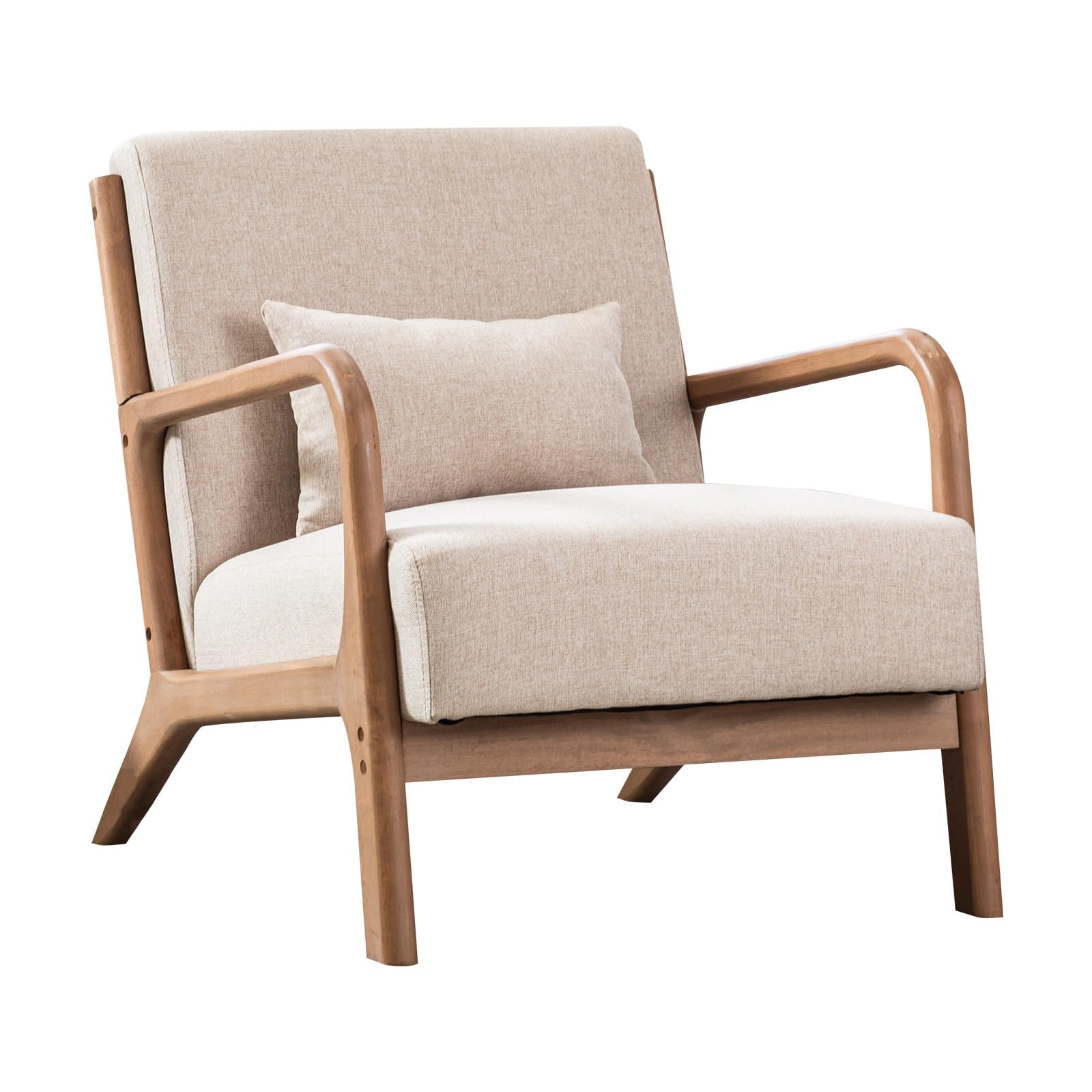 ANJ Mid Century Modern Accent Chair, Comfy Fabric Living Room Chairs with Solid Wood Frame, Lounge Reading Armchair, Easy Assembly, Beige