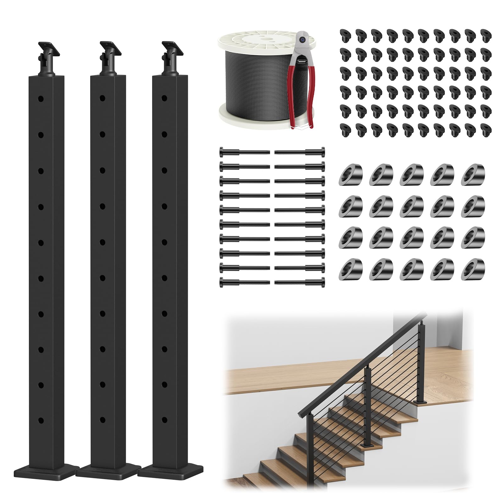 BLIKA 36" Cable Railing Corner Post, 304 Stainless Steel, 2-Side Drilled Adjustable Top Corner Post, Surface Mount Matte Black Cable Railing System Corner Post