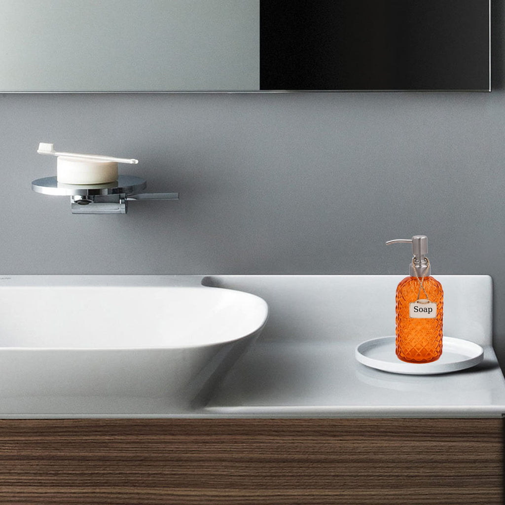 16 oz Diamond Pattern Glass Soap Dispenser, Kitchen and Bathroom Refillable Soap Dispenser with Rust Resistant Stainless Steel Pump for Hand Soap, Lotion Glass Liquid Dispenser(Amber)