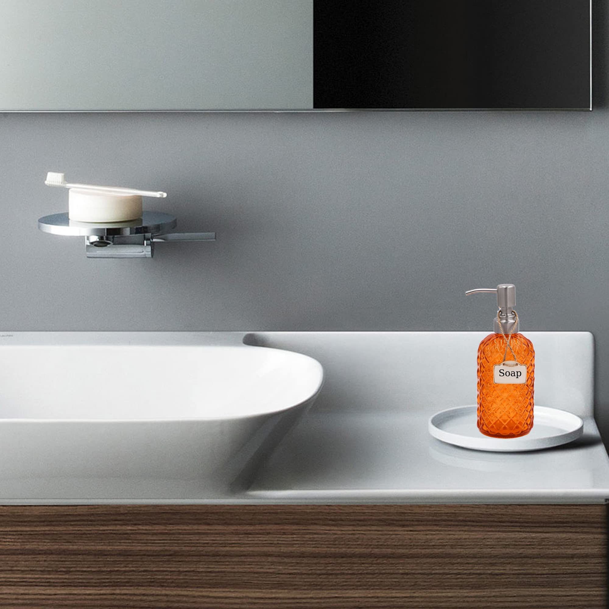 16 oz Diamond Pattern Glass Soap Dispenser, Kitchen and Bathroom Refillable Soap Dispenser with Rust Resistant Stainless Steel Pump for Hand Soap, Lotion Glass Liquid Dispenser(Amber)