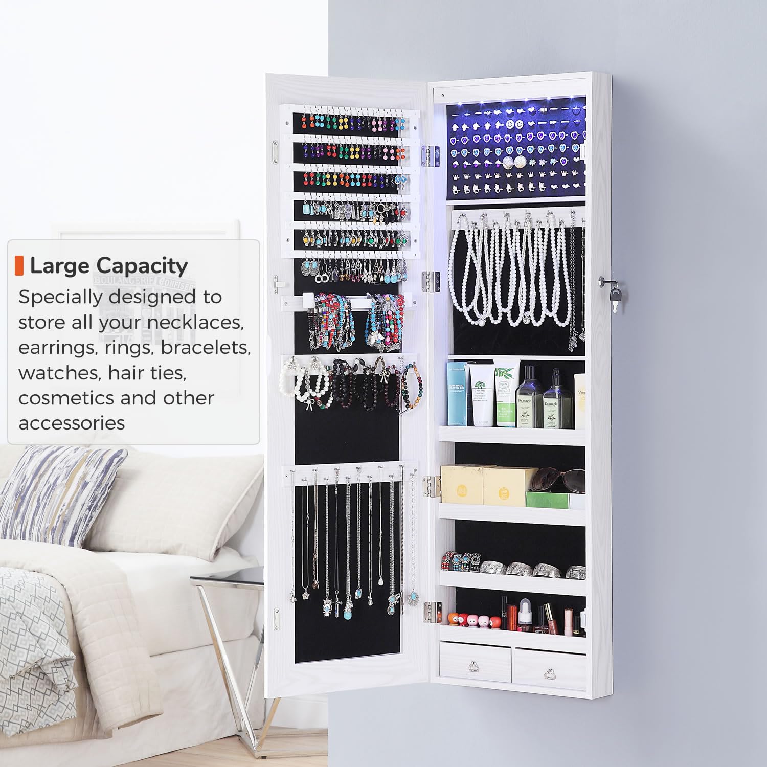 GISSAR Full Length Mirror Jewelry Cabinet, 6 LEDs Jewelry Armoire Wall Mounted Over The Door Hanging, Jewelry Organizer Storage with Lights Lockable, Black, 14.6" x 47.2"
