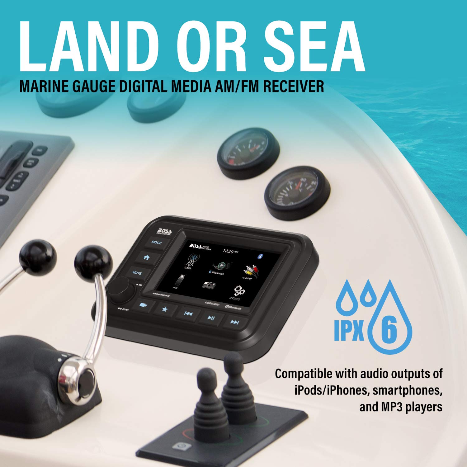 BOSS Audio Systems MGR250B Bluetooth Marine Radio Gauge Receiver, Built-In Amplifier, IPX6-Rated, USB Port + USB Charging