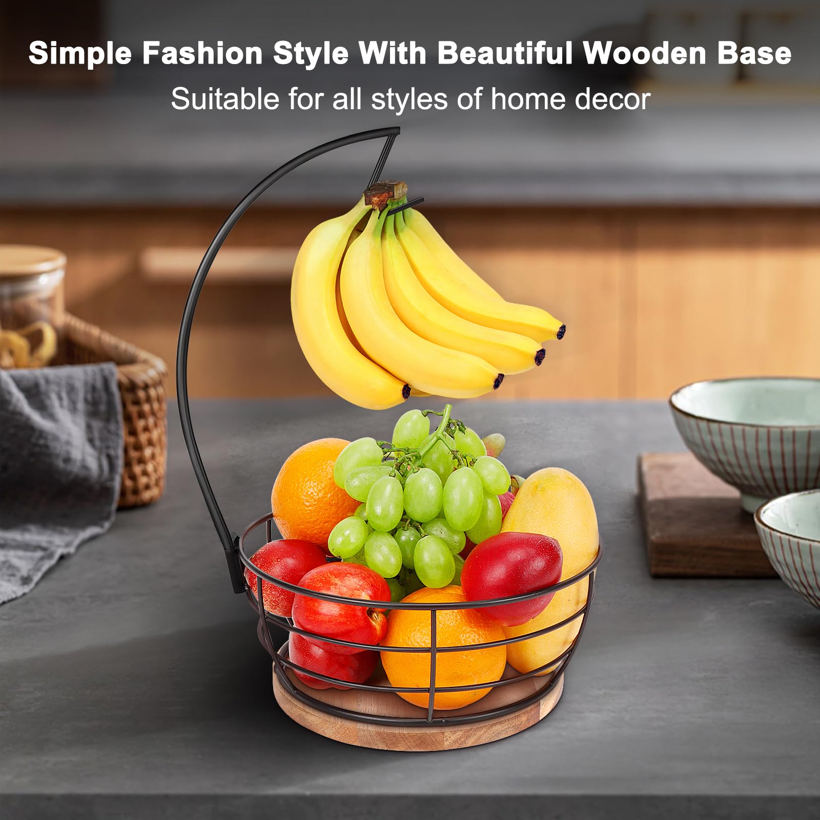 Livabber Countertop Fruit Basket Bowl with Banana Hanger, Modern Standing Fruit Vegetable Bowl Storage, with Banana Tree Holder for Kitchen Dinning Table (Round Marble, Black)