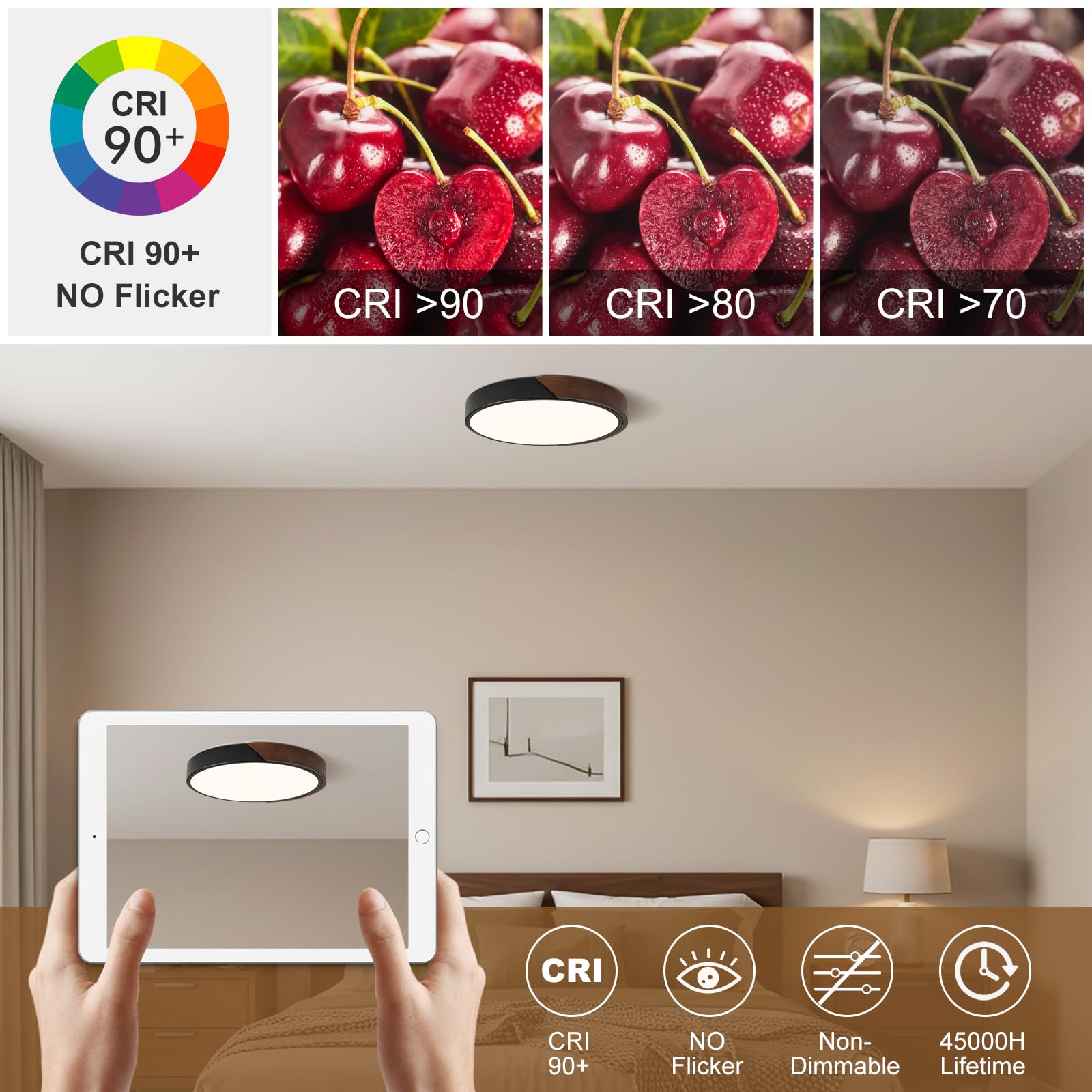 Modern LED Ceiling Light, Minimalist Wood Dimmable Flush Mount Ceiling Light Fixture, Round 5CCT Lighting Lamp with Acrylic Lampshade for Bedroom Hallway Kitchen Laundry, Black 11.8"