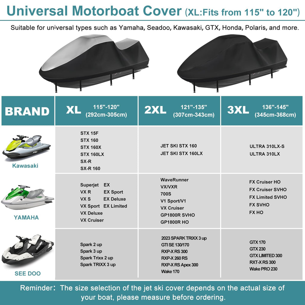 Jet Ski Cover,Heavy Duty 900D Oxford Jetski Cover 2 3 Seater with 2 Air Vents，4 Windproof Buckles，Easy On，Jetski Cover Waterproof for Seadoo Spark,Yamaha,All Weather Protection(Black, XL:115"-120")