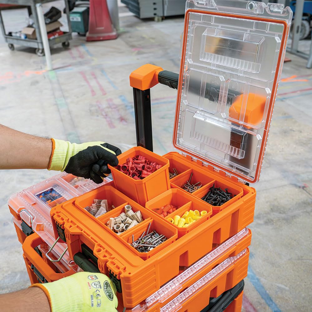 Klein Tools 54806MB MODbox Tall Compartment Box, Full-Width Tool Organizer, Small Parts Tool Box with 20 Compartments, 8 Removable Bins for Fasteners, Stackable Module