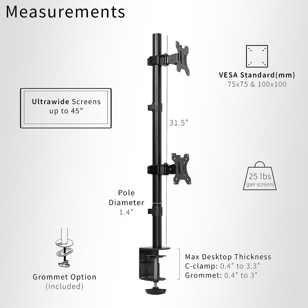 VIVO Dual Monitor Desk Mount Stand with Height Adjustment and VESA Plates for 2 LCD Ultrawide Screens up to 34 inches, Stacked Array, STAND-V002R