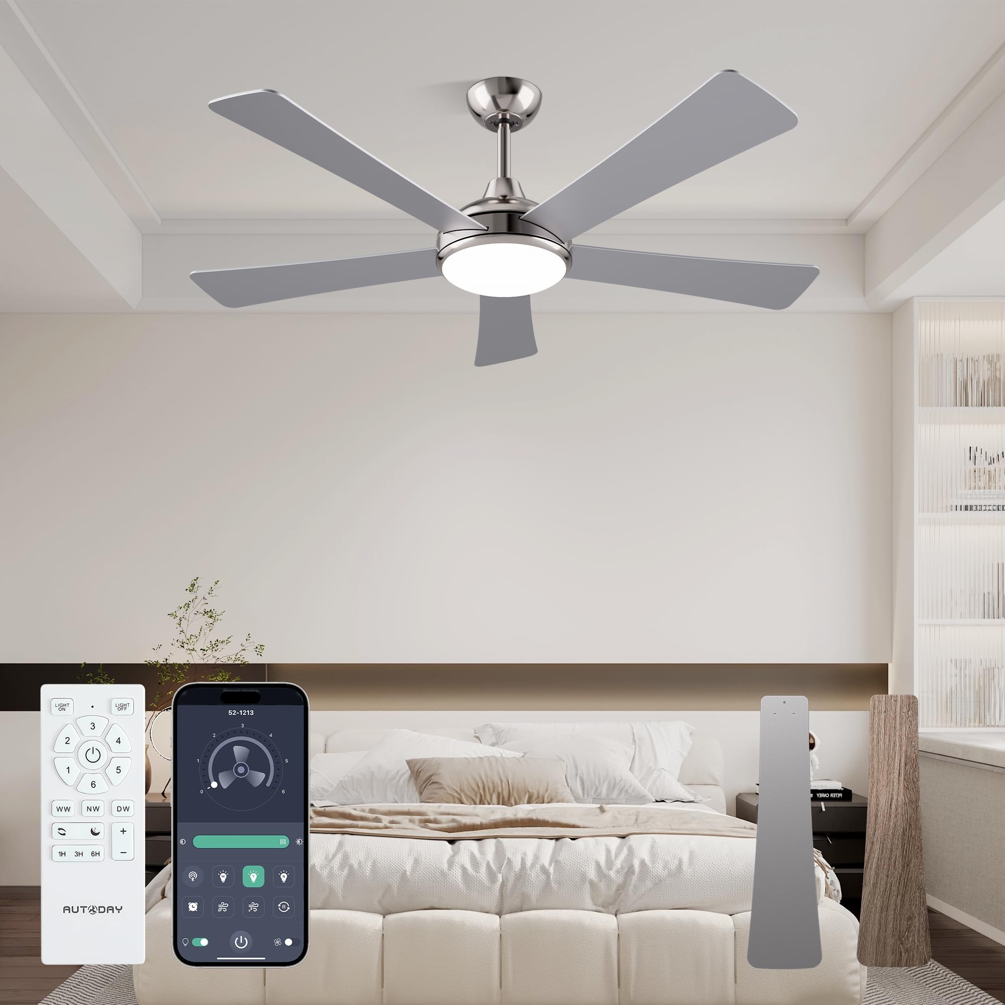 42 Inch Low Profile Ceiling Fan with Light, White Ceiling Fans with Lights and Remote, Flush Mount, 6 Speeds Reversible Quiet DC, 3CCT Dimmable, Indoor Outdoor Ceiling Fans for Patios Bedroom