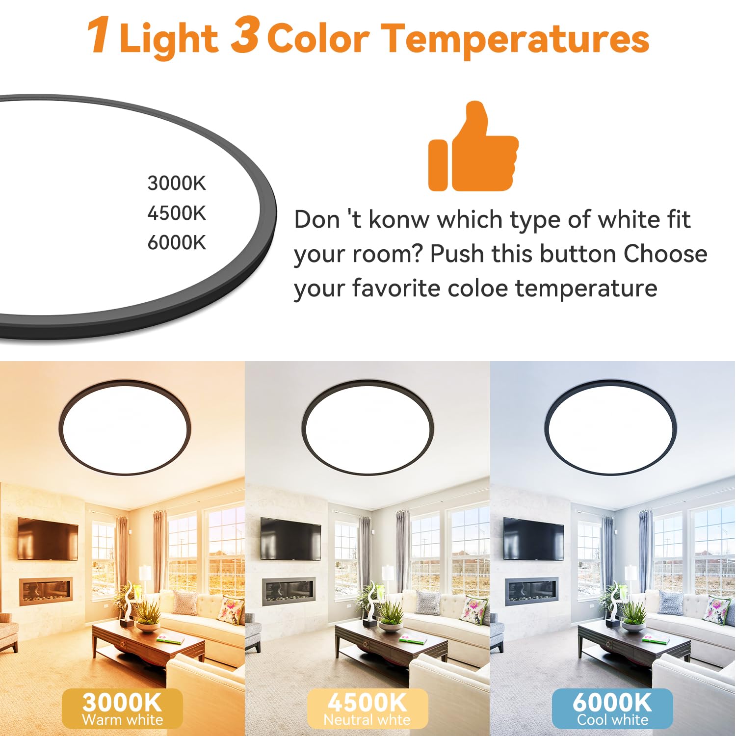 1PACK LED Flush Mount Ceiling Light Fixture, 3000K-4000K-6500K & 100W Equivalent Modern Kitchen Ceiling Lamp 15W 1500Lm 7.5 Inch Closet Round Surface for Bathroom Laundry Bedroom Hallway, Black