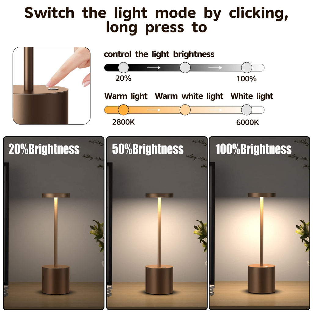 2Pack Cordless Table Lamp, Rechargeable LED Battery 5000mAh Metal USB Portable Powered Desk Lamp, 3 Levels Brightness Light for Restaurants Outdoor (2pack 10.25in Titanium)
