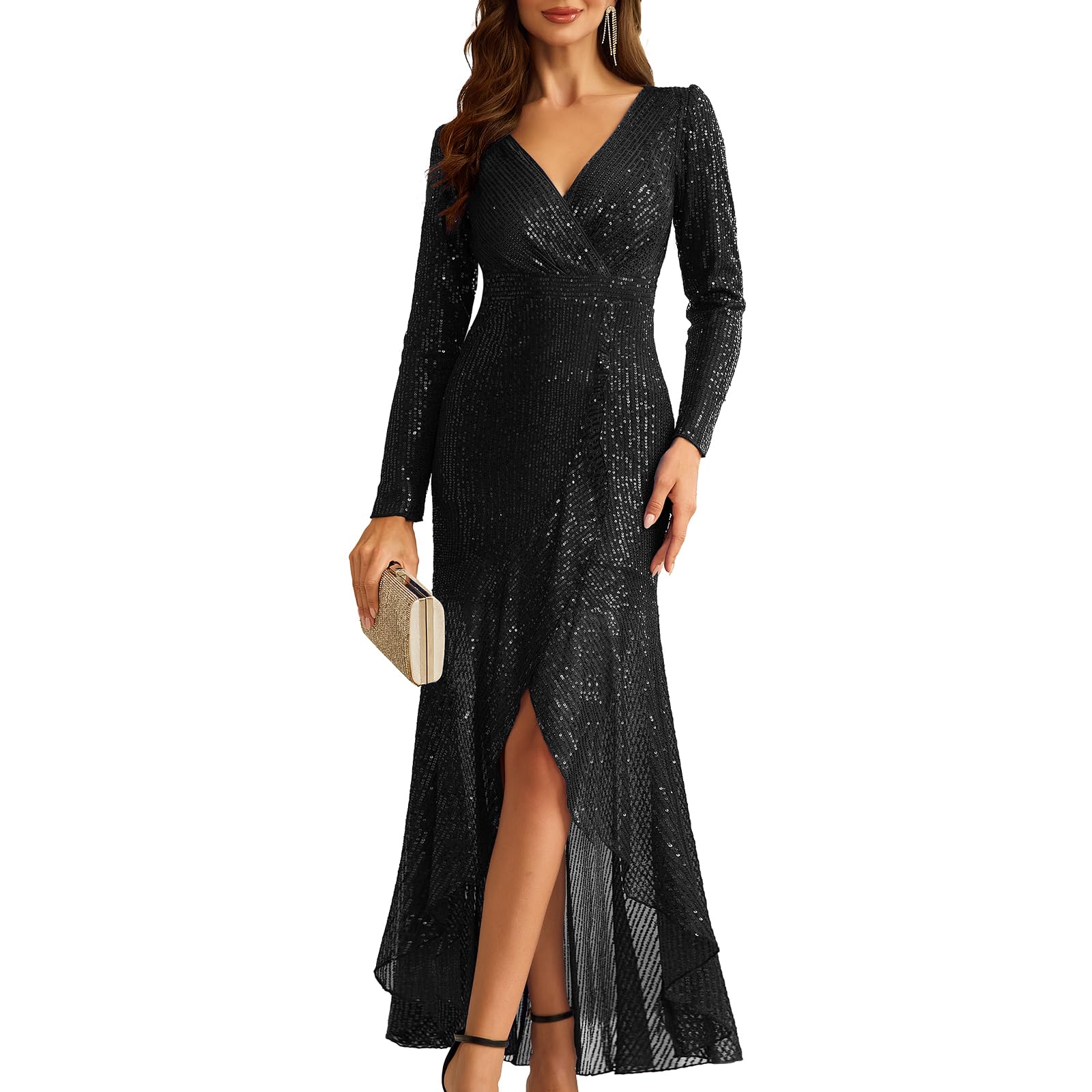 COOAN Women's Long Sequin Formal Dresses Long-Sleeve Cocktail Wedding Guest Dresses Elegant V Neck Party Gowns