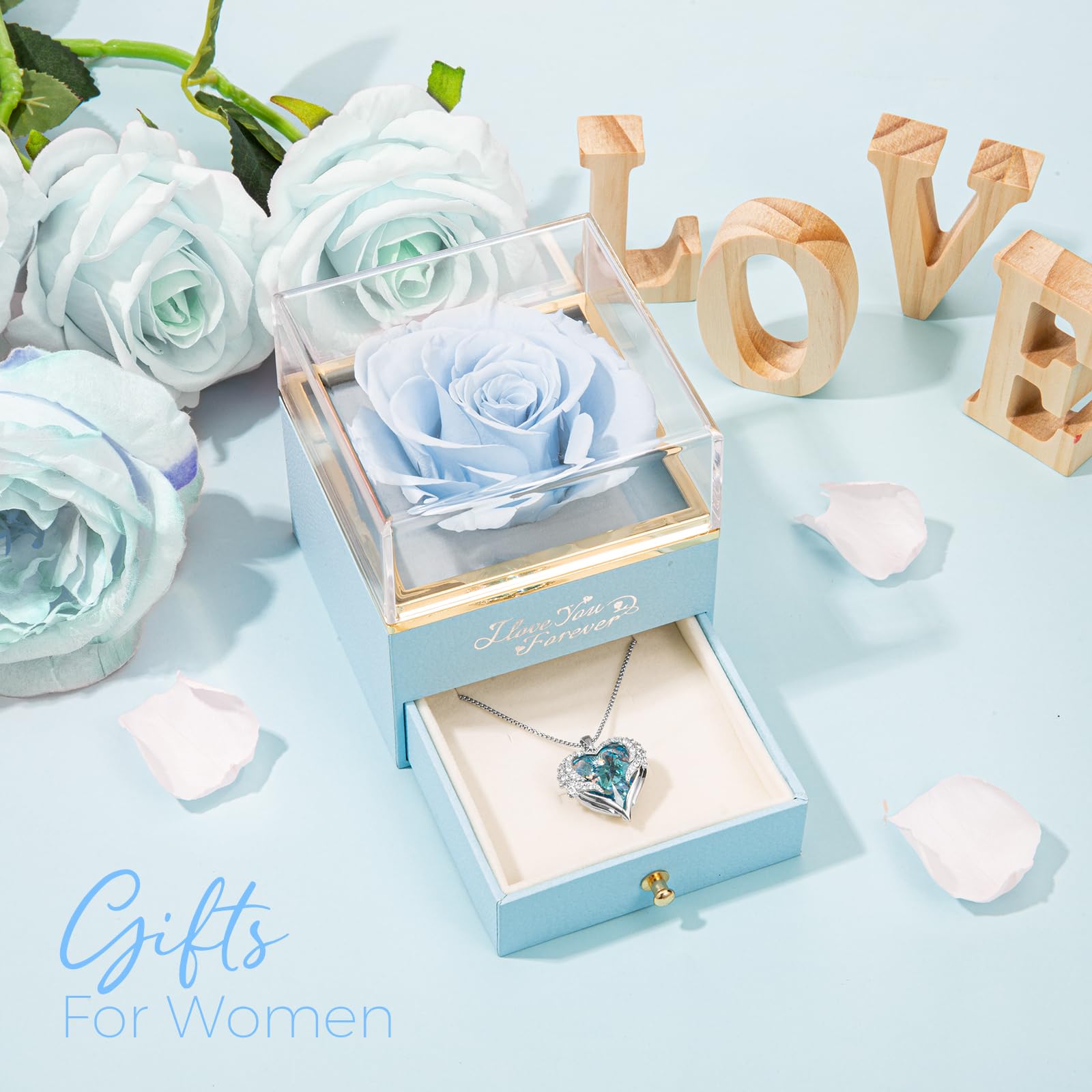 NEWNOVE Preserved Real Light Blue Rose with Angle Wings Necklace, Anniversary Birthday Gifts for Women Wife Girlfriend Mom Gift Ideas for Christmas Mothers Day Valentines Day, I Love You Gifts