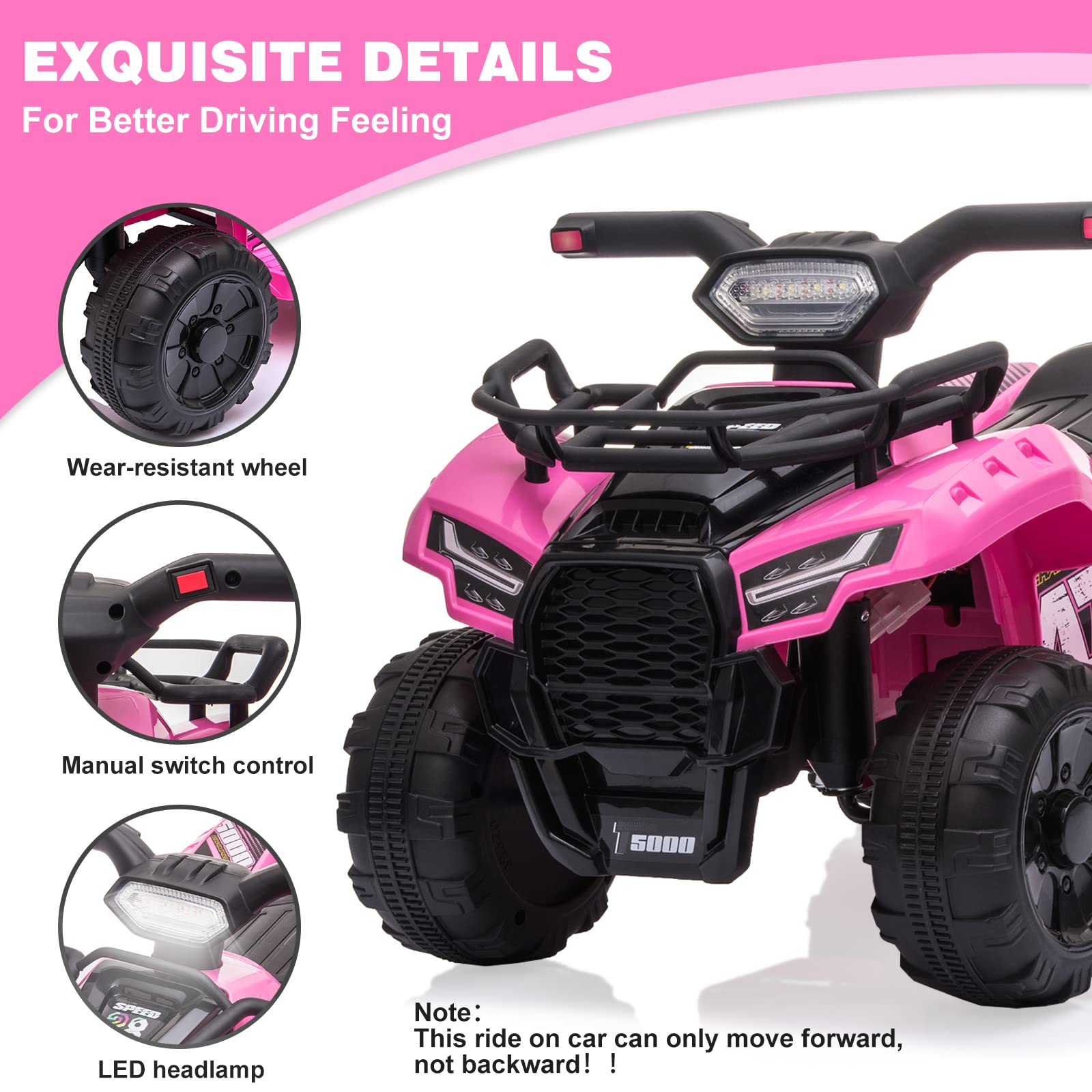 Kids Ride on ATV, 6V Battery Powered Kids Electric Vehicle, 4 Wheeler Quad w/Headlights, MP3, USB, Volume Control, Large Seat, Electric Ride on Toys Best Gifts for 18-36 Months Boys Girls (Black)