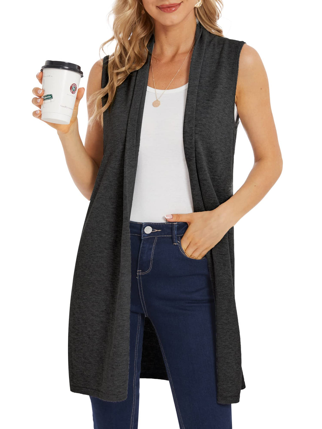 Moss Rose Women's Long Knit Cardigan Vest Casual Sleeveless Open Front Draped Duster Vest (Available in Plus Size)