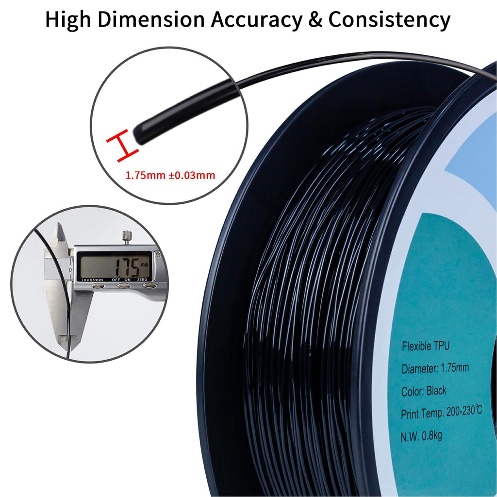 ZIRO TPU Filament 1.75mm 3D Printer Filament, Shore 95A Hardness TPU, Flexible Soft Material, 0.8KG/1.8lbs Spool, Fit Most FDM 3D Printers, Black